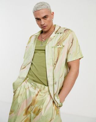 ASOS DESIGN Co-ord relaxed revere satin shirt in green marble print