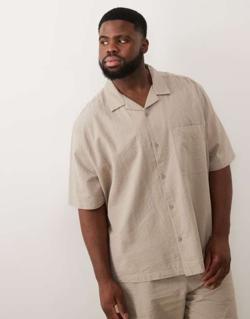 ASOS DESIGN co-ord relaxed revere seersucker shirt in beige, 2 of 6