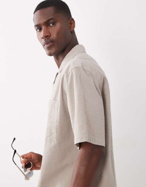 ASOS DESIGN co-ord relaxed revere seersucker shirt in beige, 5 of 6
