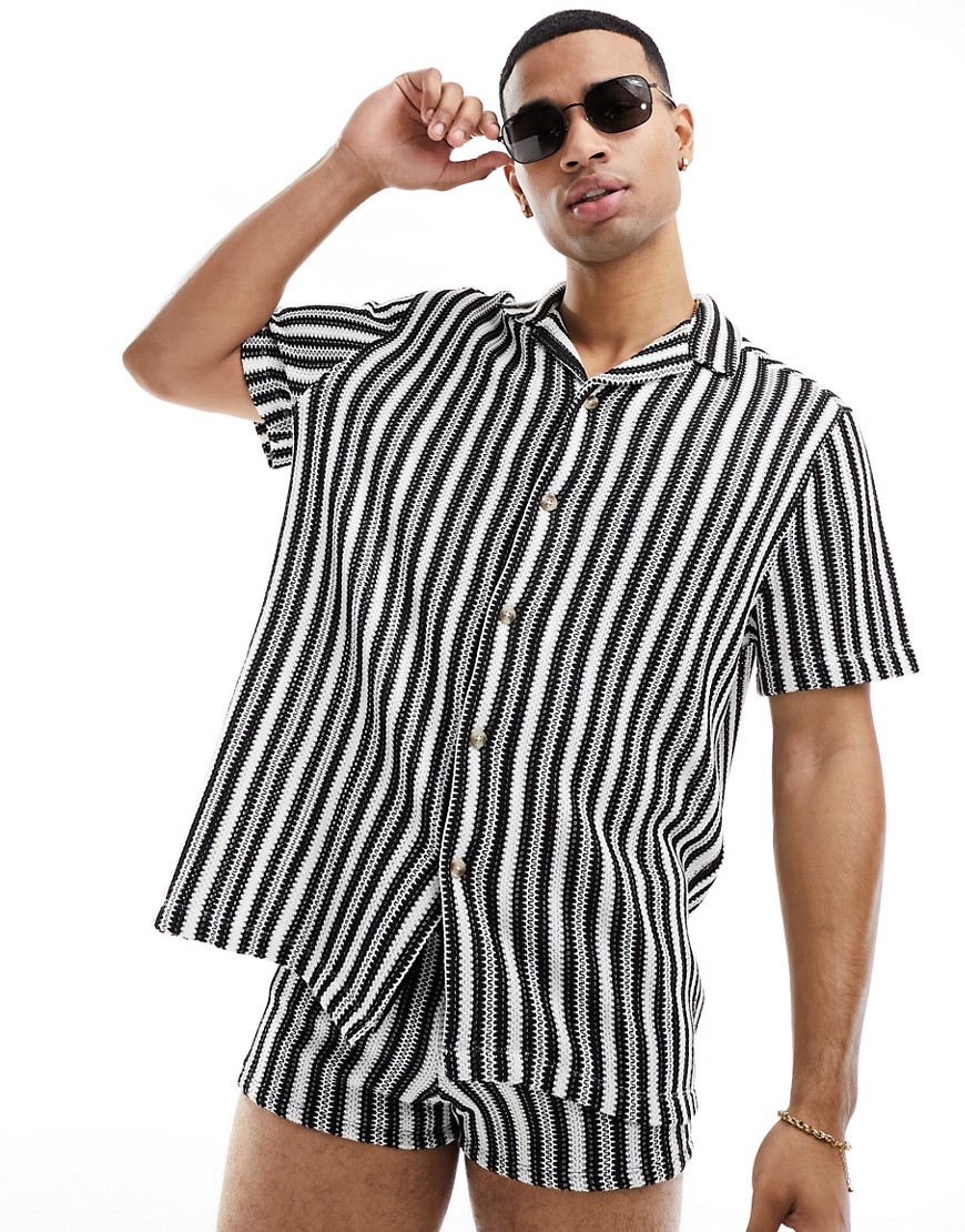 ASOS DESIGN co-ord relaxed revere shirt in black and white crochet stripe