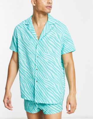 ASOS DESIGN co-ord relaxed revere shirt in blue zebra print