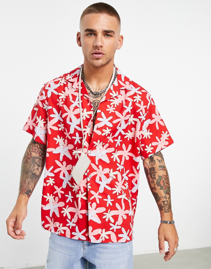 ASOS DESIGN co-ord relaxed revere shirt in bright floral print-Red