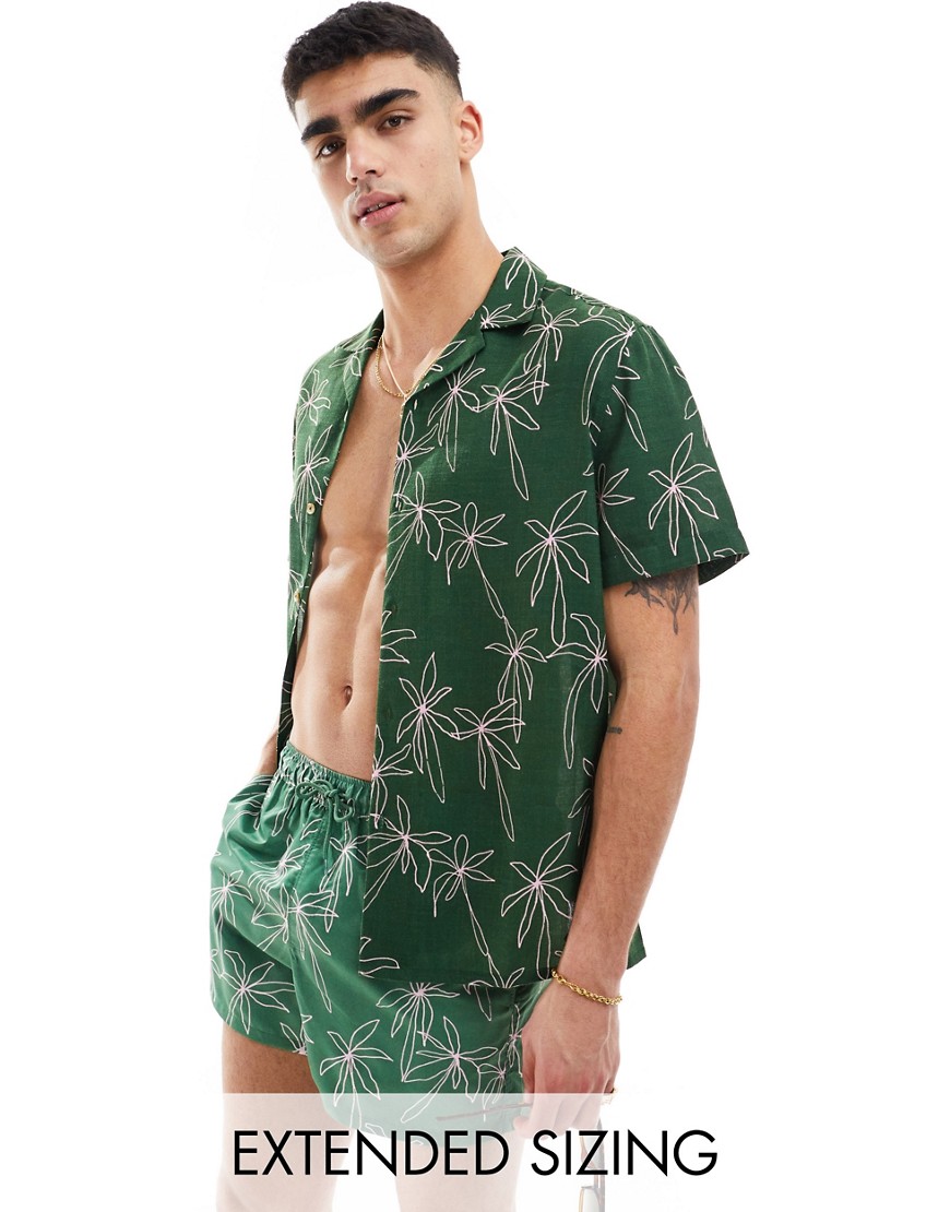 ASOS DESIGN co-ord relaxed revere shirt in doodle palm tree print in green
