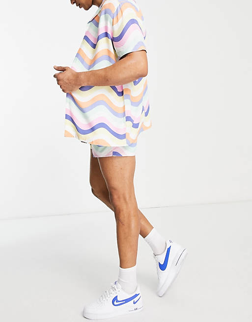  Co-ord relaxed revere shirt in pastel wavy stripe 