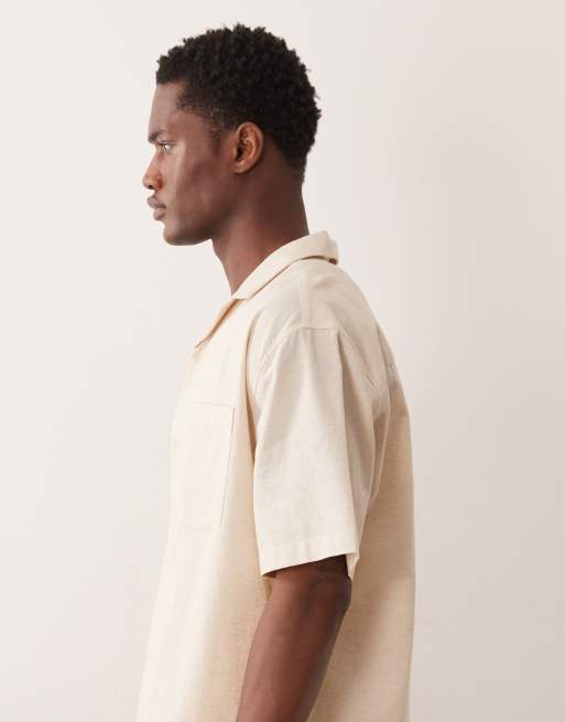 ASOS DESIGN co-ord relaxed revere shirt with linen in natural, 4 of 5
