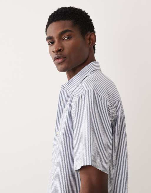 ASOS DESIGN co-ord relaxed seersucker stripe shirt in navy, 4 of 5