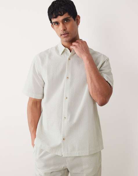 ASOS DESIGN co-ord relaxed seersucker stripe shirt in sage green - view 1