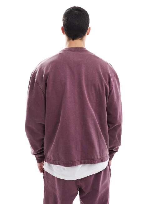 ASOS DESIGN co-ord relaxed sweatshirt with seam detail in washed burgundy, 4 of 4