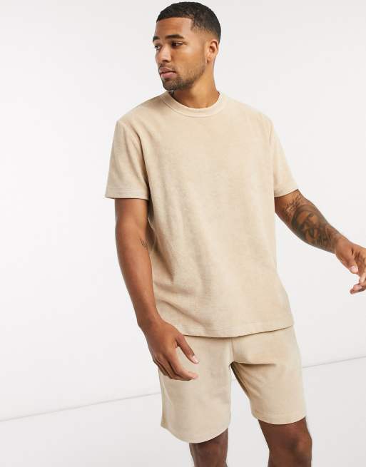 ASOS DESIGN co-ord relaxed t-shirt in towelling in beige ...