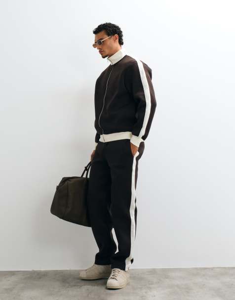 ASOS DESIGN co-ord relaxed zip through track jacket and straight leg jogger in scuba-style fabric brown with pique panel - view 1