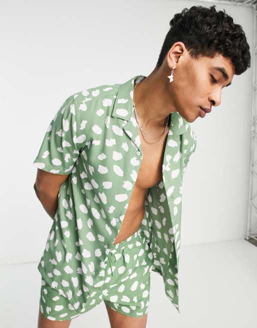 ASOS DESIGN co ord revere shirt in sage green polka dot print ASOS