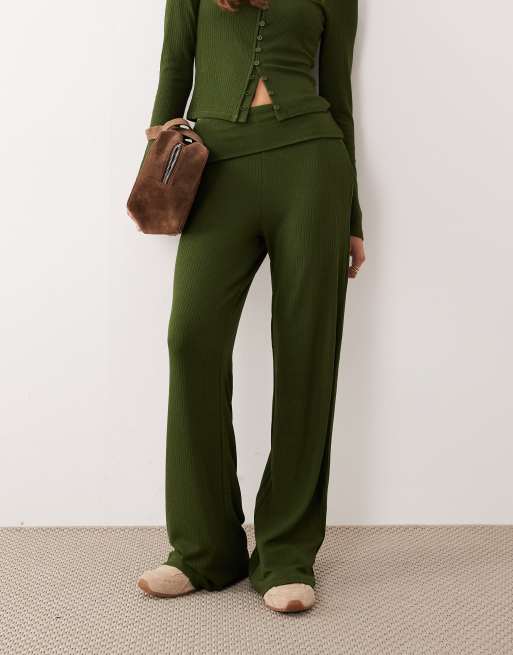 ASOS DESIGN co-ord rib fold over waist trouser with ruched detail in dark olive, 2 of 5