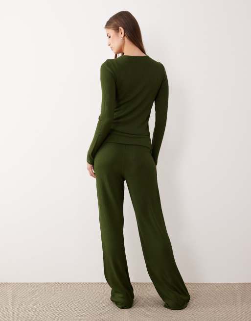 ASOS DESIGN co-ord rib fold over waist trouser with ruched detail in dark olive, 5 of 5