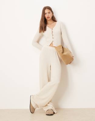 ASOS DESIGN co-ord rib wide leg trouser in ecru - view 1