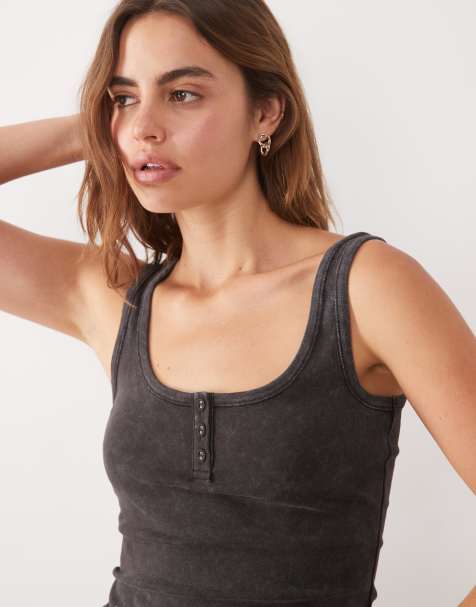 ASOS DESIGN co-ord ribbed henley detailed tank top in washed brown