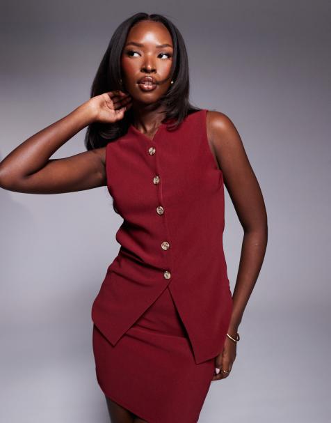 ASOS DESIGN co-ord ribbed longline button through v neck waistcoat top in burgundy - view 1