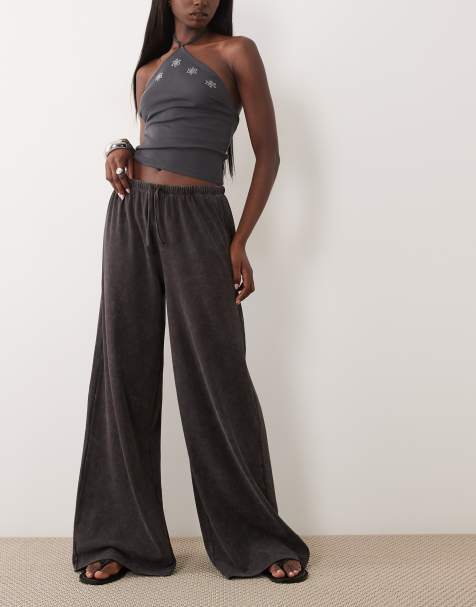 ASOS DESIGN co-ord ribbed tie waist trousers in washed brown
