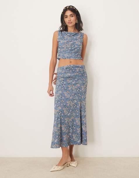 ASOS DESIGN co-ord ruched drape maxi skirt in blue floral - view 1