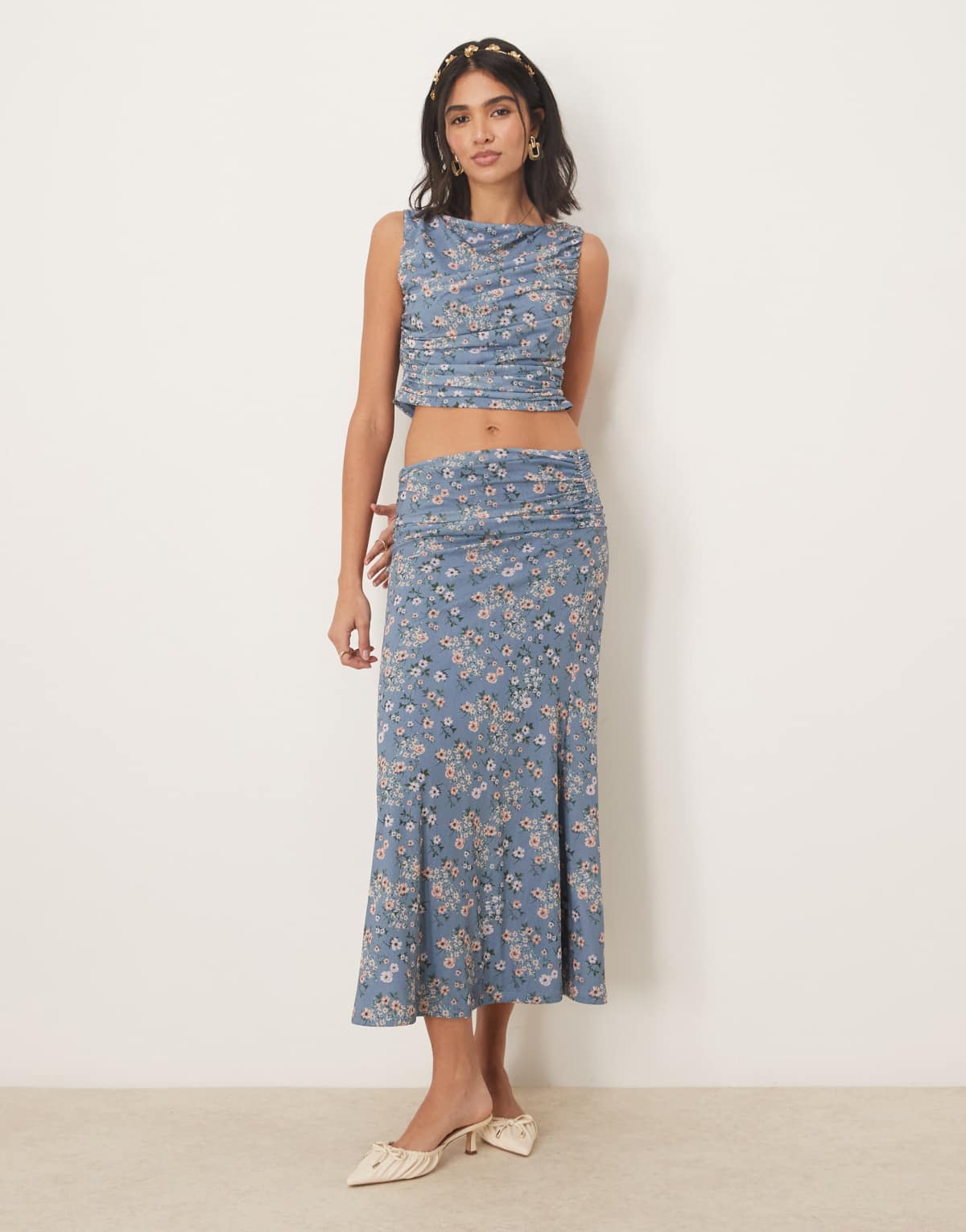 ASOS DESIGN co-ord ruched drape maxi skirt in blue floral