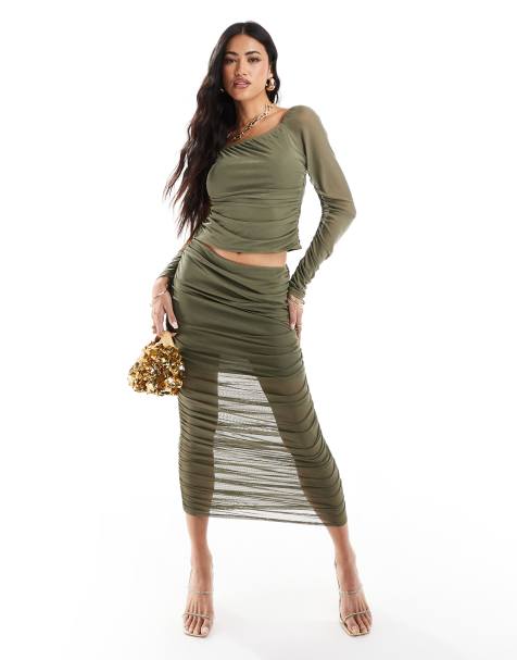 ASOS DESIGN co-ord ruched maxi skirt in khaki - view 1