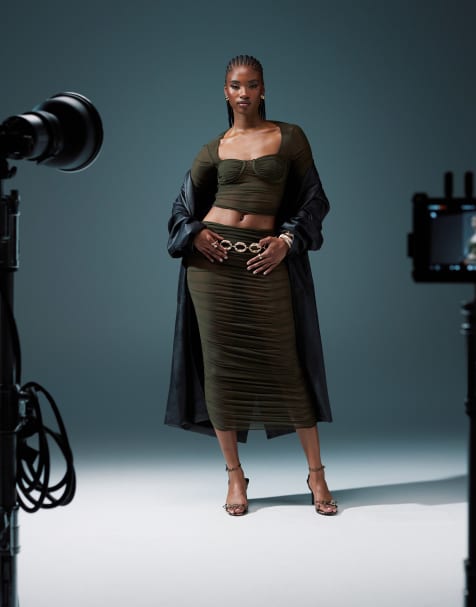 ASOS DESIGN co-ord ruched mesh bust cup top and midi skirt in khaki - view 1