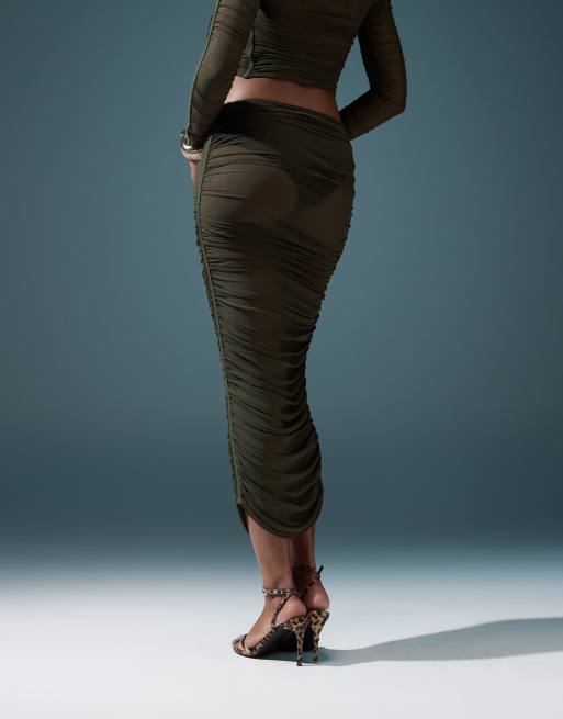ASOS DESIGN co-ord ruched mesh midi skirt in khaki ASOS