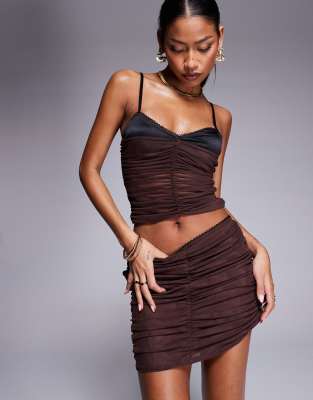 ASOS DESIGN ASOS DESIGN co-ord ruched mesh mini skirt in chocolate-Brown