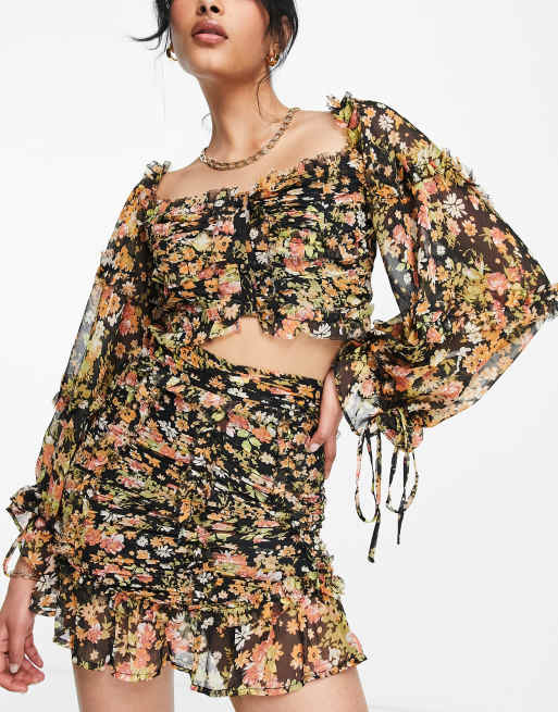 ASOS DESIGN co-ord off shoulder long sleeve top with ruffle detail in dark flora | ASOS