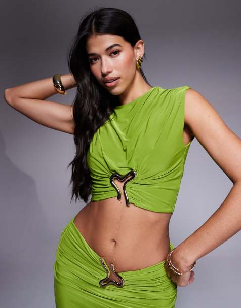 ASOS DESIGN co-ord ruched short sleeve top with hardware detail in avocado green