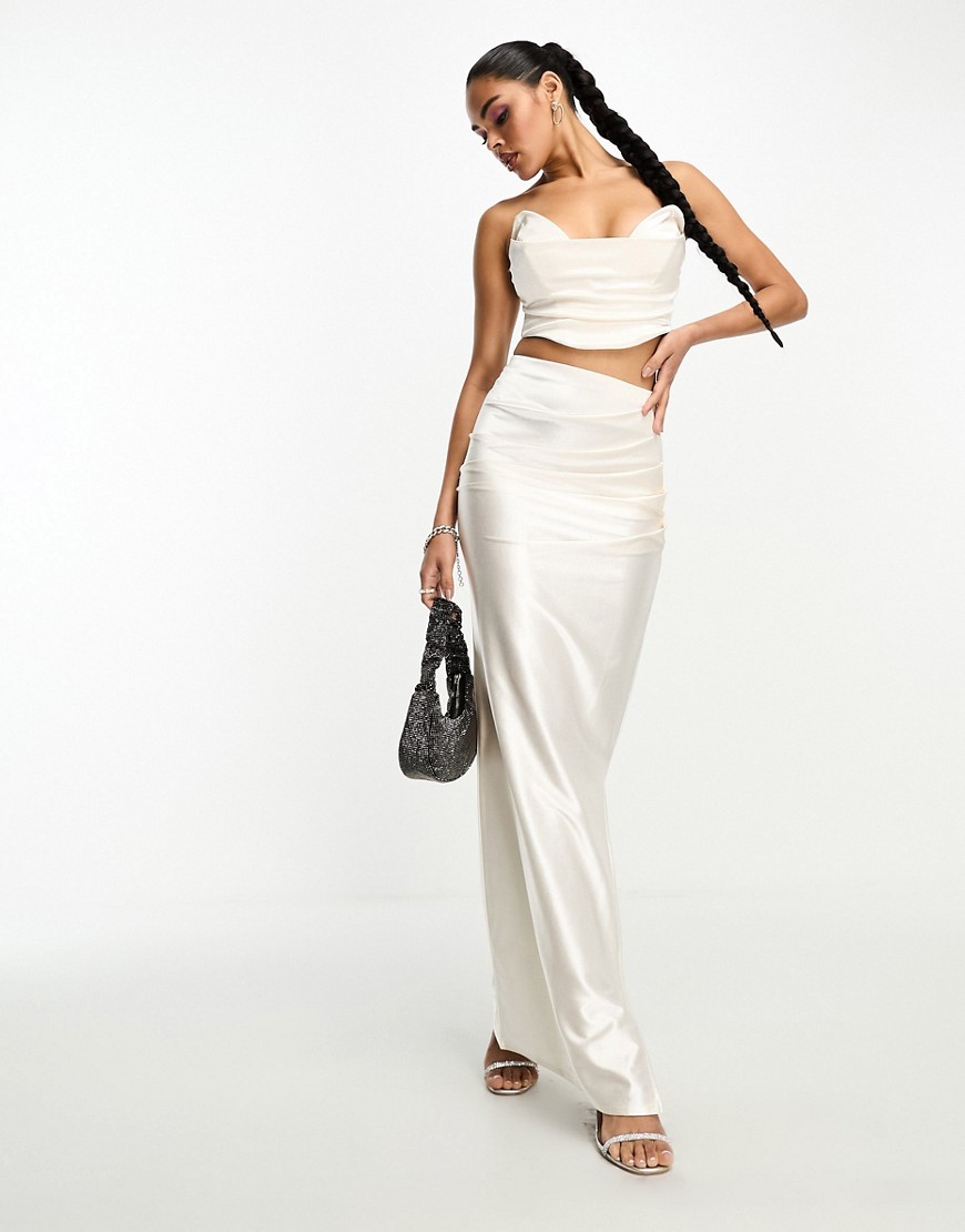 ASOS DESIGN co-ord ruched side satin twill maxi skirt in champagne-Gold