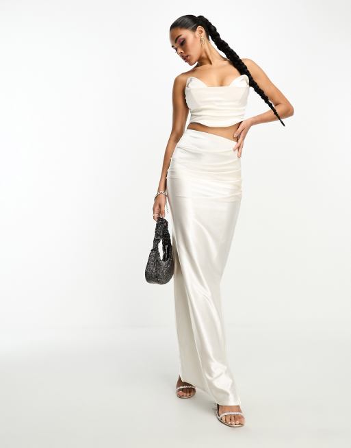 ASOS DESIGN co-ord satin strapless corset top and maxi skirt in champagne