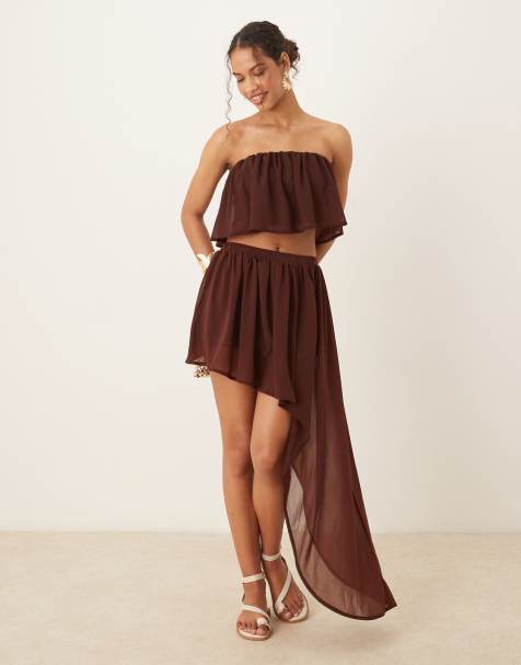 ASOS DESIGN co-ord ruffle semi sheer mini skirt with asymmetric hem in chocolate