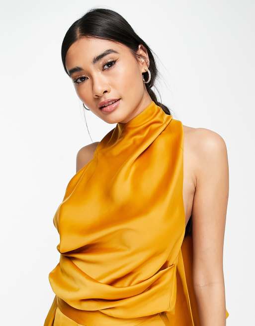 ASOS DESIGN co-ord satin drape halter top in gold - GOLD and trousers