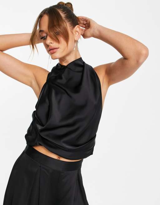 Weekday Deep low back halter neck top in black