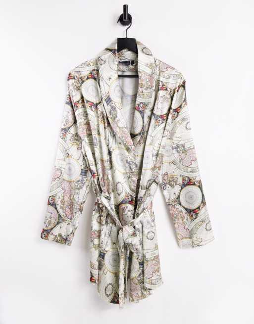 Asos Design Co Ord Satin Dressing Gown With Map Print Asos