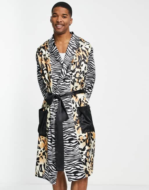 ASOS DESIGN co ord satin dressing gown with spliced animal print