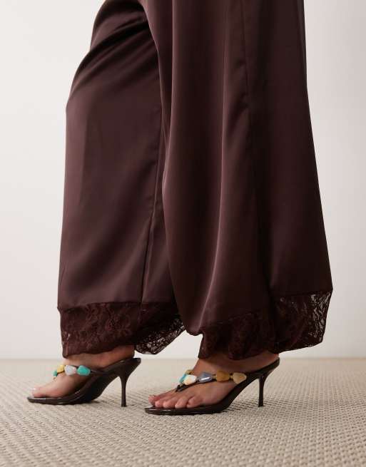 ASOS DESIGN co-ord satin lace panel balloon trousers in chocolate, 4 of 5