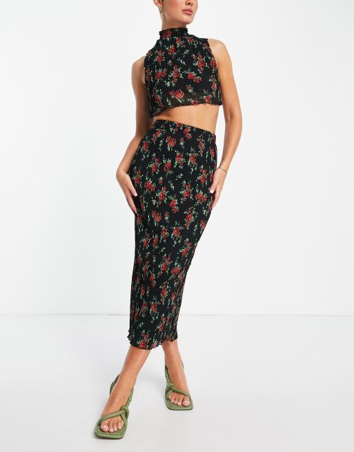 ASOS DESIGN co ord satin plisse midi skirt in rose floral print