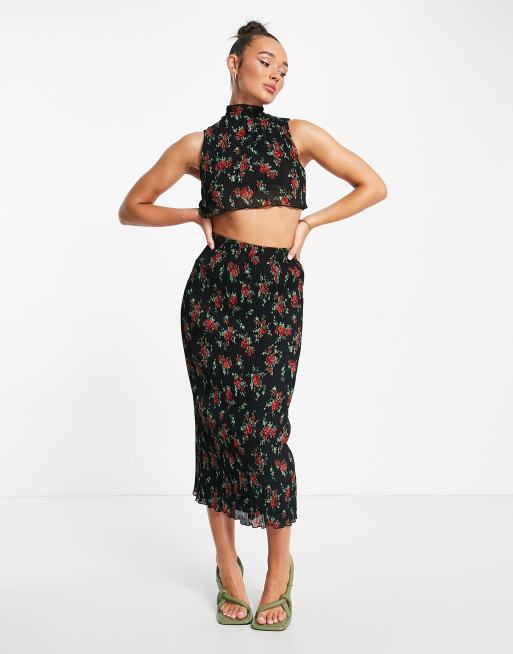ASOS DESIGN co-ord satin plisse midi skirt in rose floral print ASOS
