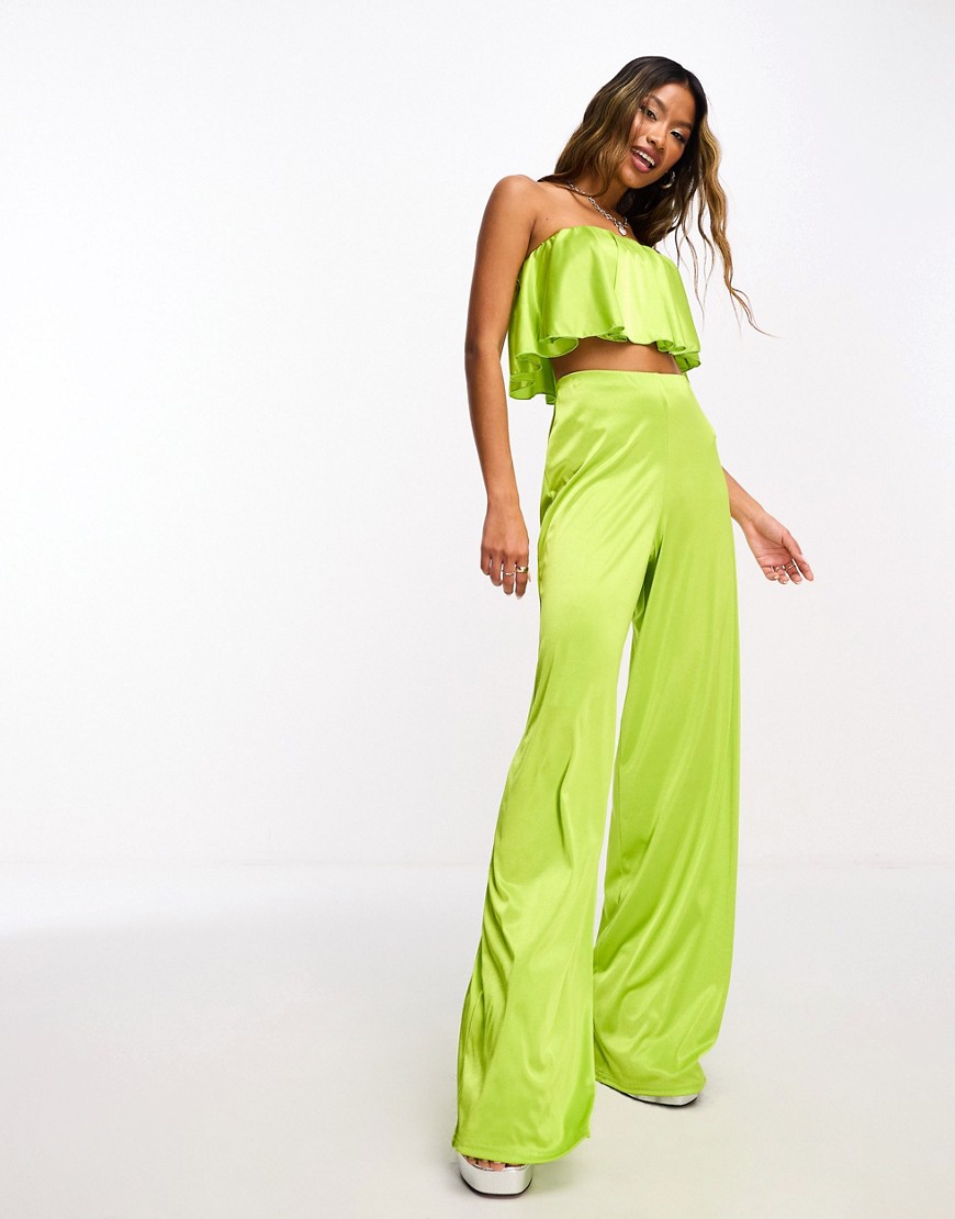 ASOS DESIGN co-ord satin twill floaty wide leg in chartreuse-Yellow