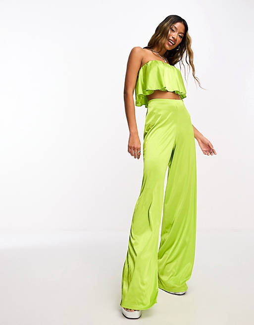 ASOS DESIGN co-ord satin twill floaty wide leg in chartreuse | ASOS