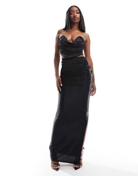 ASOS DESIGN co-ord satin twill strapless corset top with v bar in black - view 1