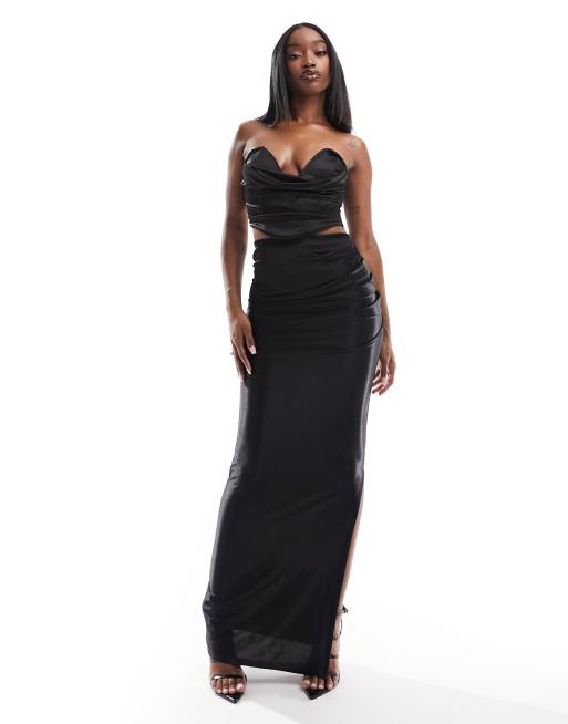 ASOS DESIGN co-ord satin twill strapless corset top with v bar in black
