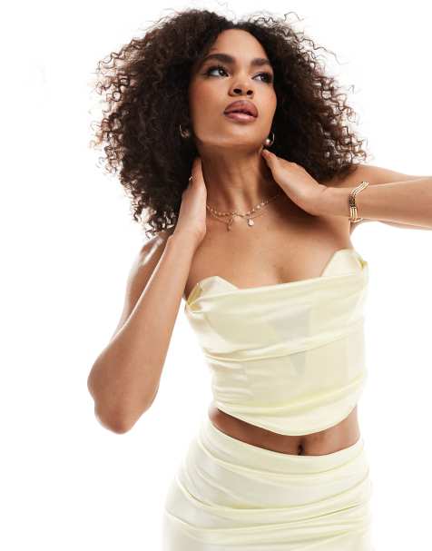 ASOS DESIGN co-ord satin twill strapless corset top with v bar in lemon - view 1