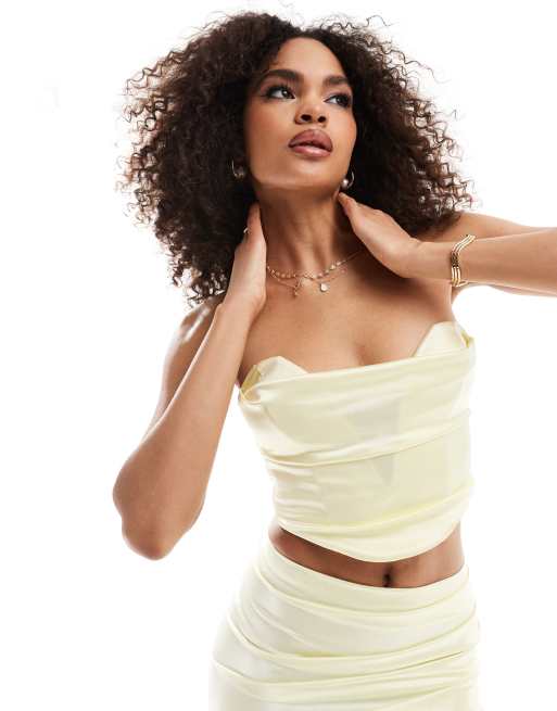 ASOS DESIGN co-ord satin twill strapless corset top with v bar in lemon