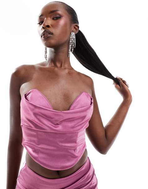 ASOS DESIGN co-ord satin twill strapless corset top with v bar in mauve - view 1