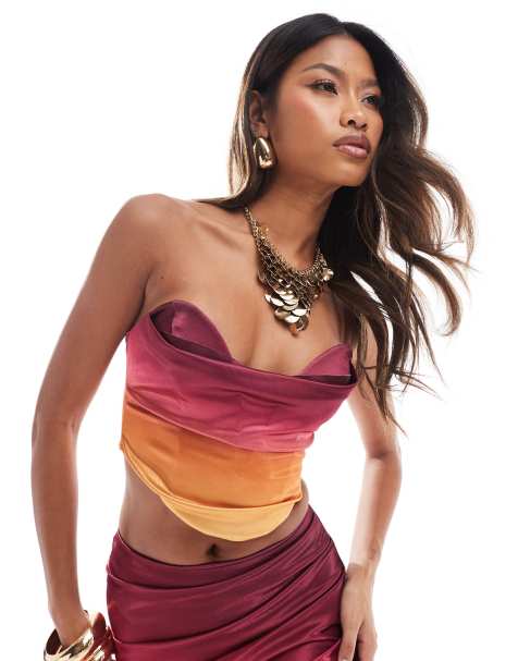 ASOS DESIGN co-ord satin twill strapless corset top with v bar in ombre - view 1