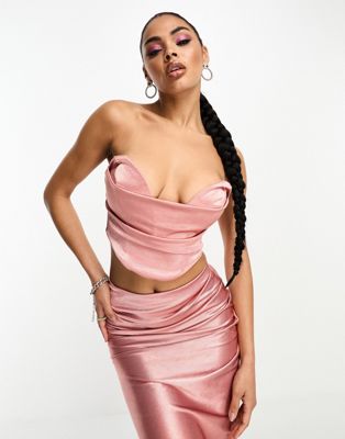 ASOS DESIGN co-ord satin twill strapless corset top with v bar in rose