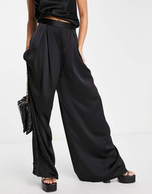 ASOS DESIGN satin wide leg pants in black