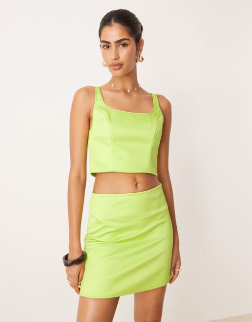 ASOS DESIGN co-ord satin wide square neck cami top in lime green, 4 of 4